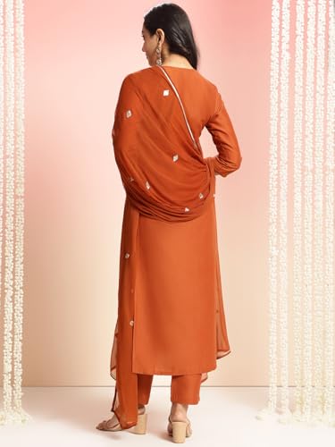 Image of GoSriKi Women's Cotton Blend Embroidered Kurta Set with Pant & Dupatta - Straight Calf‑Length, 3 /4 Sleeve, Round Neck - Elegant Ethnic Attire (5 Colors, S-5XL)