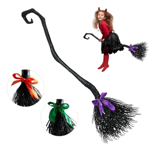 Vassoura de bruxa, 130 cm vassoura de bruxa de Halloween, com fita de 3 cores, vassoura de bruxa com pega removível, Halloween Witch Broom, para crianças e adultos, bruxa para festa de cosplay