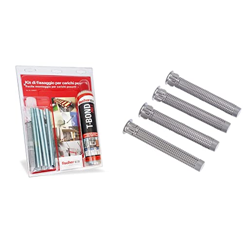 Fischer 508697 Kit di Fissaggio carichi Pesanti T-Bond Ancorante Chimico con Barre Filettate e Tasselli a Rete, Resina & TRE60998 Tasselli a Rete FIS HK 12X85 K per ancorante Chimico, Grigio