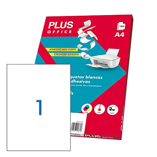 Plus Office   Etiquetas Autoadhesivas Blancas Para Imprimir, Pack De 100 Hojas Pegatinas Adhesivas De Papel En Hojas A4 Para Impresora Inkjet, Láser Y Fotocopiadoras, 1 Etiquetas Por Hoja (210x297mm)