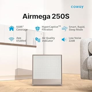 COWAY Air Purifier for Home Large Room Up to 1,860 ft², HEPA Filter and Washable Pre-Filter for Smoke, Allergies, Pet Dander, Odor, AQI, App Control, Smart, 3yr Warranty, Airmega 250S Wifi