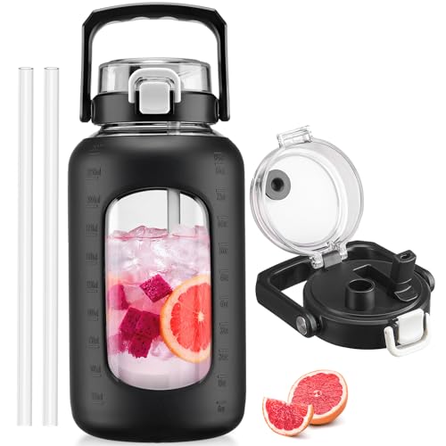 BLUEGO 84oz Glass Water Bottle with Straw and Handle, Large Water Bottle with Sip & Chug Lid, 2.5L Water Jug Silicone Sleeve with Time, Full Day Drinking Bottle for Sports BPA Free, Black