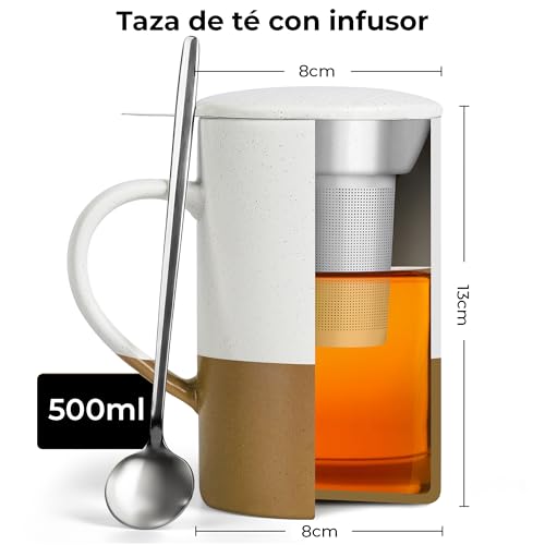Miniatura 2 de Miamio - Juego De Tazas De Té 2 X 500 Ml Con Infusor Y Tapa Taza De Té De Cerámica Con Infusor Y Cuchara Para Remojar Té De Hojas Sueltas - Apto Para Microondas Y Lav Marrón