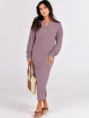 Image of ANRABESS Women Long Sleeve Button V Neck Oversized Casual Loose Fit Waffle Knit Fall Midi Sweater Dress 2026 Trendy Outfits