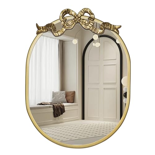 SANY DAYO HOME Wall Hanging 16 x 12 Gold Metal Framed Oval Mirror with Decorative Bow Modern Farmhouse Real Glass Accent Mirror for Vanity Bathroom Entryway