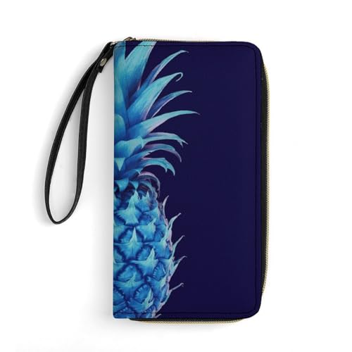 Portefeuille en cuir imprimé ananas bleu durable pour ranger l'argent