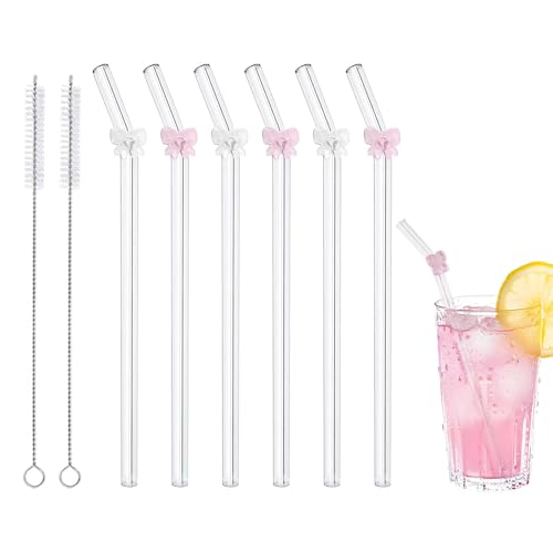 DUMING-IN 6 palhinhas de vidro reutilizáveis com 2 escovas de limpeza, bonitos popotes de vidro coloridos resistentes a choques, palhinhas reutilizáveis adequadas para máquina de lavar louça, para