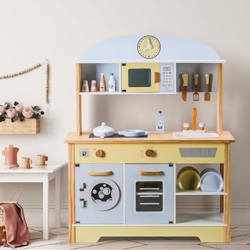 Cucina per Bambini con 16 Giocattoli in Legno, Accessori per la Cucina