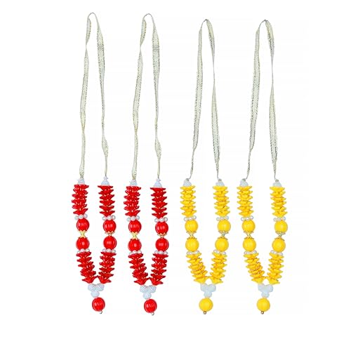 Aditri Creation Set of 4 Mala Artificial Beads Ribbon Garland, Pooja Ornament Traditional Festival Navratri Ganesha Decoration Home Decor for God Frame (Size:-3.5" Inches)(Colour:- Red and Yellow)