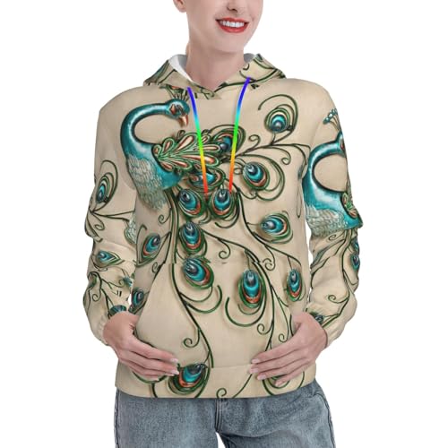 Sweat à capuche paon pour femme avec poche kangourou imprimé graphique
