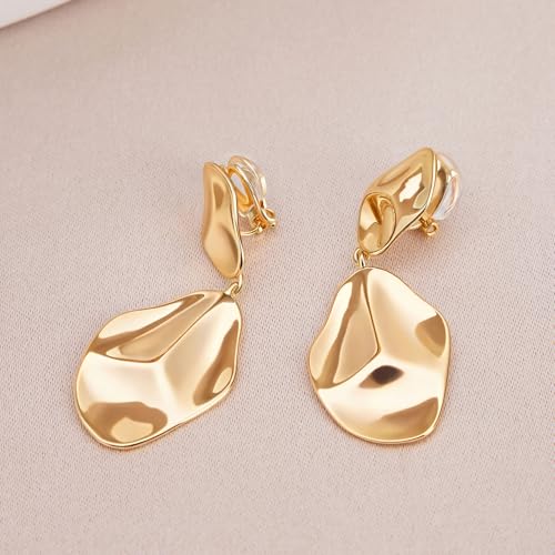 FAN&LOUIS Clip On Dangle Earrings Women,14K Gold Statement Dangle Earrings Clips Lightweight Hammered Drop Dangle Clip-on Earrings for Women 20263