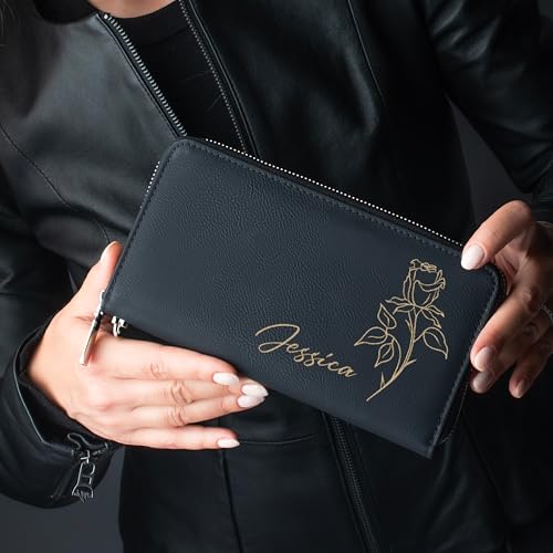 Personalized Women's Wallet with Name & Birth Flower - Customized Wristlet Wallet, Custom Engraved Bifold, 11 Card Slots, Zipper Coin Pocket - Black - Gift for Her, Wife, Mom, Daughter3