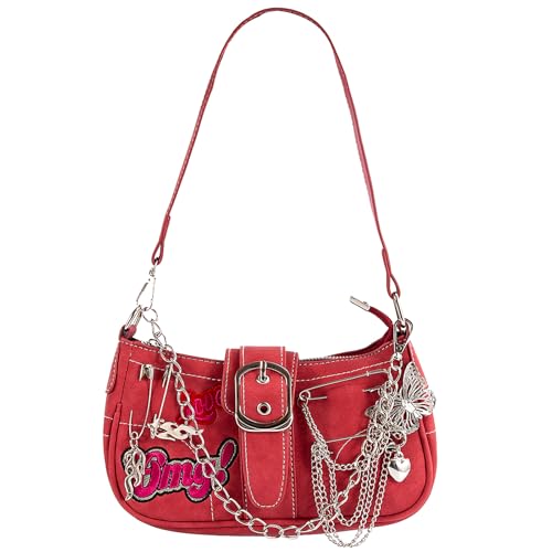 Linda bolsa Y2k, bolsa de mão, padrão estrela, acessórios estilo punk para mulheres, bolsas de ombro vintage, Rosa choque