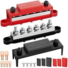 RVMARINEPAT 400A 12V 24V 48V Bus Bar with 6 x 5/16" M8 Studs, Heavy Duty Power Distribution Block & Battery Terminal Kit with 6 Lugs for Inverter, Solar, Marine, RV Red & Black Pair