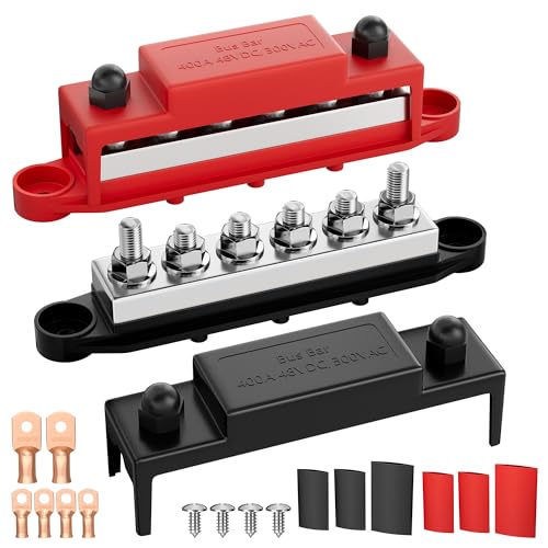RVMARINEPAT 400A 12V 24V 48V Bus Bar with 6 x 5/16" (M8) Studs, Heavy Duty Power Distribution Block & Battery Terminal Kit with 6 Lugs for Inverter, Solar, Marine, RV (Red & Black Pair)