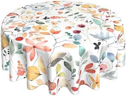Spring Tablecloth Round 60 inch Watercolor Abstract Floral Leaf Print Rustic Flower Decorative Table Cloth with Dust-Proof Wrinkle Resistant Decor for Home Kitchen Dining Room Outdoor Patio
