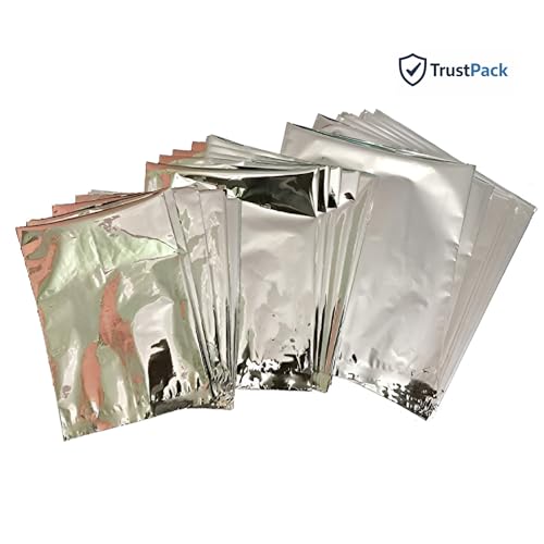 Image of TrustPack Aluminium Foil Bags | Heat Sealable Flat Pouch for Food Packaging | Mylar Bags | Silver Moisture Proof food Storage Bags for Tea, Coffee & Snacks (Pack of 100)(4x6)