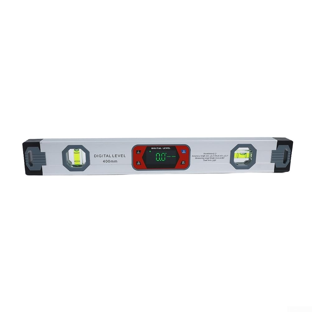 Nivel digital 400 mm con pantalla digital, inclinómetro biaxial y base magnética, notificación acústica a 0°/30°/45°/60°/90°, superficies metálicas, para mediciones precisas de ángulo