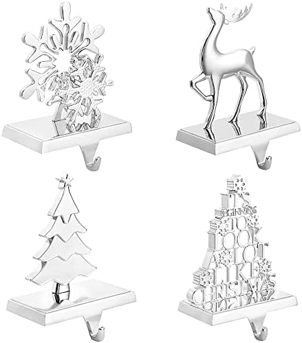 DINILEMU Christmas Stocking Holders for Mantle Set of 4 Silver Alloy Reindeer, Christmas, Pine Tree and Snowflake Metal Stocking Hangers Hook for Party Holiday Fireplace Counter Christmas Decorations
