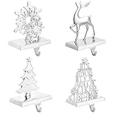 DINILEMU Christmas Stocking Holders for Mantle Set of 4 Silver Alloy Reindeer, Christmas, Pine Tree