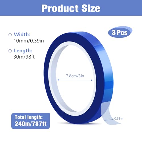 Image of Sublimation Tape 3 Rolls, 10Mm x 30M Heat Resistant Blue Tape | No Residue Easy to Tear Heat Resistant Tape for Sublimation Press Electronic Soldering Insulation