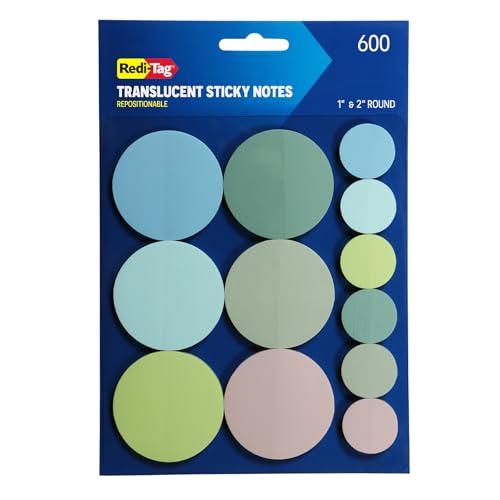 Redi-Tag Transparent Sticky Notes, 12 Pads Per Pack, Circle Sticky Notes, Small Sticky Tabs for Organizing, 6 Pads of 1 inch Notes & 6 Pads of 2 inch Notes, 12 Calming Colors (1016720)