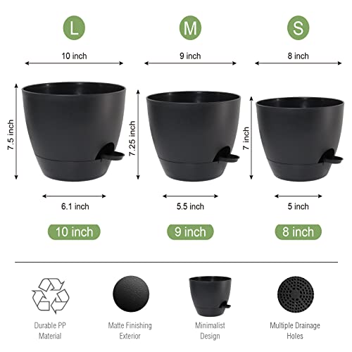 Uouz 10/9/8 Inch Self Watering Pots, Set Of 3 Plastic Planters With Mesh Drainage Holes And Deep Reservoir For Indoor Outdoor Garden Plants And Flowers, Black #TOP1