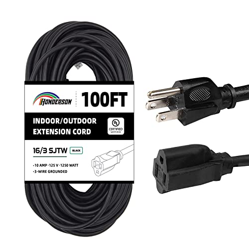 HONDERSON 100FT Outdoor Extension Cord-16/3 SJTW Durable Black Extension Cable with 3 Prong Grounded Plug for Safety,Great for Outside Christmas Decorations