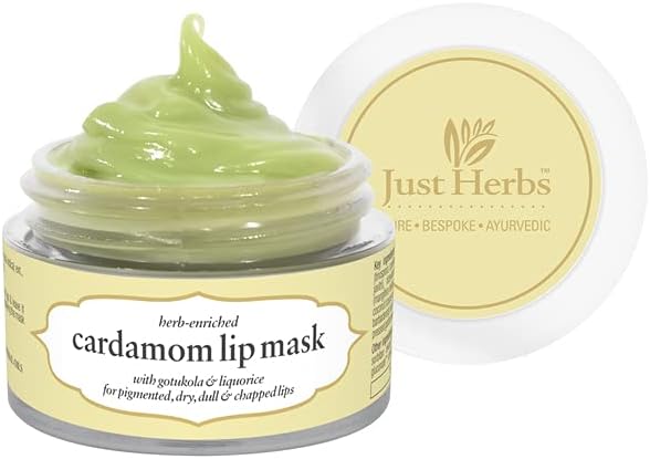 Just Herbs Ayurvedic Cardamom Lip Mask, Balm For Dark, Dry & Pigmented Lips - Vegan Lip Mask For Men & Women 15Gm, Green
