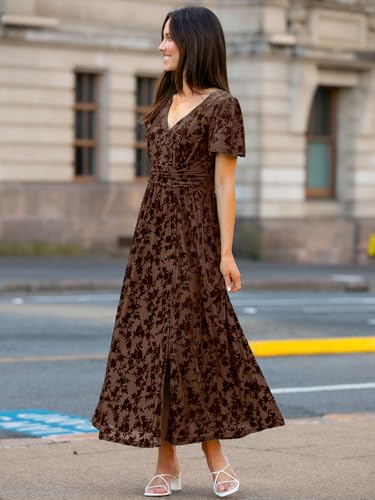 Image of Simplee Women's Velvet Maxi Dress V Neck Short Sleeve Empire Waist Semi Formal Long Cocktail Dresses