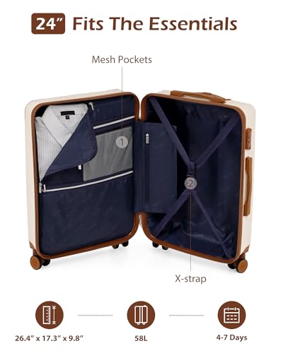 Image of Coolife Luggage, Suitcase with Durable and Lightweight, Checked Luggage with ABS Hardshell, Dual Spinner Wheels, TSA Lock, and YKK Zipper (apricot white, M(24in))