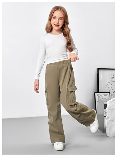 Image of SweatyRocks Girl's 2 Piece Outfits Ruched Long Sleeve T Shirt and Wide Leg Cargo Pants Set Green 10Y