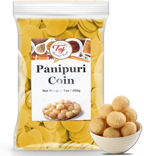 TAJ Pani Puri Coins | Flat Puri | Uncooked | Microwaveable | 7oz (200g)