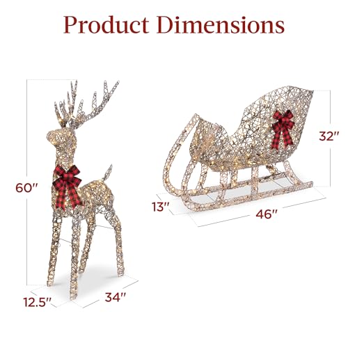 Best Choice Products XL Lighted Christmas 5ft Reindeer & Sleigh Holiday Outdoor Yard Decoration Set w/ 265 LED Lights, Stakes, Zip Ties - Rattan