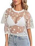 Avidlove Blusa de malla transparente para mujer, de manga corta, estampada, para club, tallas S-XXL, Blanco (Daisy White), Large