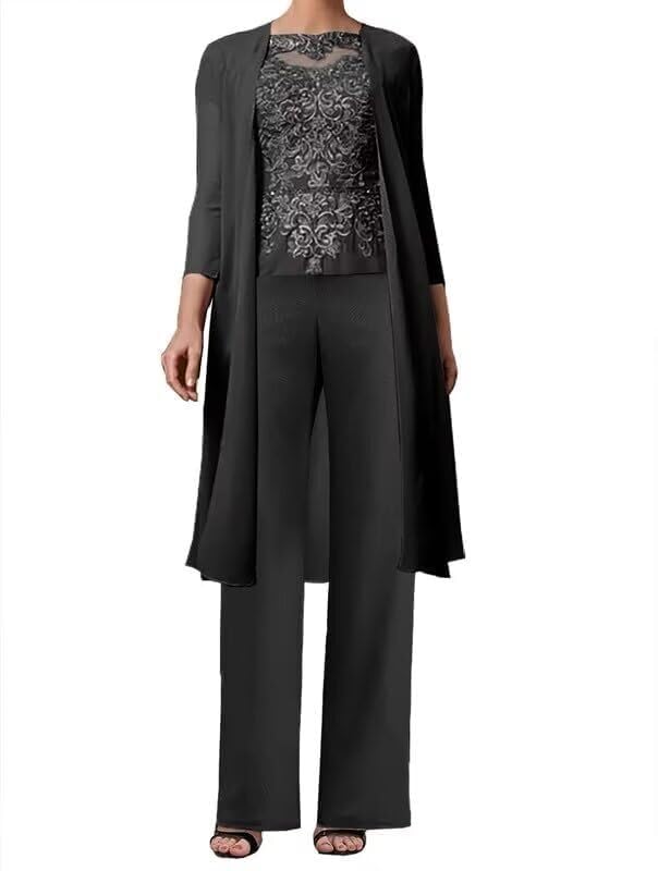 3 Pieces Mother of The Bride Pant Suits for Wedding with Jacket Black Lace Appliques Formal Pantsuits for Women MJ004