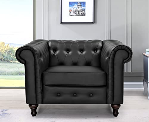 Container Furniture Direct Teressa Faux Leather Chesterfield Sofa For Living Room, Apartment Or Office, Mid Century Modern Arm Chair For Small Spaces, 40" W, Black #TOP29