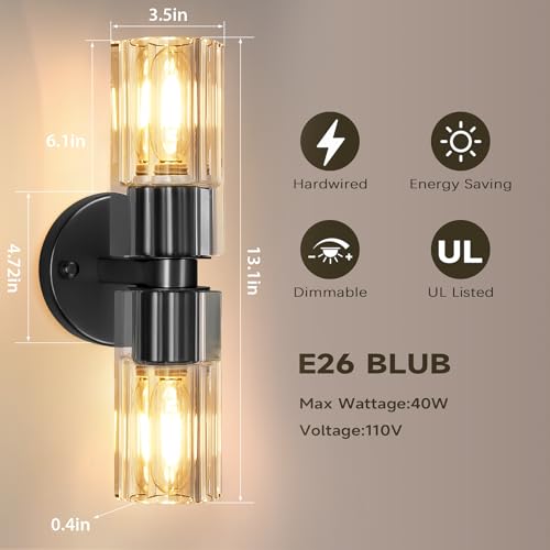 Image of Crystal Wall Sconces Set of Two, 13'' Modern Brass Sconces Lighting with K9 Crystal Lampshade, Indoor Large Brass Wall Light Fixtures for Living Room Bathroom Hallway Stairs Bedroom