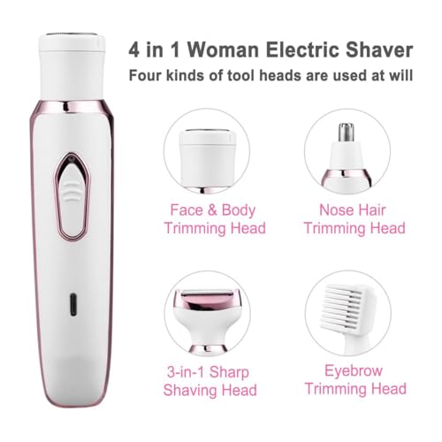 Image of 4-in-1 Electric Razor, Women Shaver for Nose Face Eyebrow Bikini Leg | Nose Hair Trimmer for Women, Painless Hair Removal for Facial Armpit Mustache Arm Pubic, Lady Flawless Body Shaver for Travel