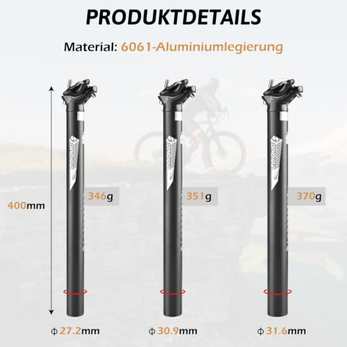 TRIWONDER Fahrrad Sattelstütze 25.4/27.2/28.6/30.4/30.8/31.6mm, Aluminium Sattelstange 350mm Länge für MTB BMX E-Bike Rennrad Trekkingrad (… – Ansicht 2