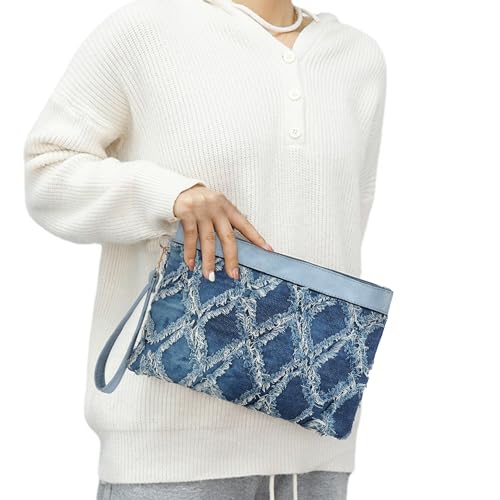 Image of Women Denim Wristlet Clutch Purses Wallet Envelope Handbag PU Leather Quilted Distressed Zipper Satchel