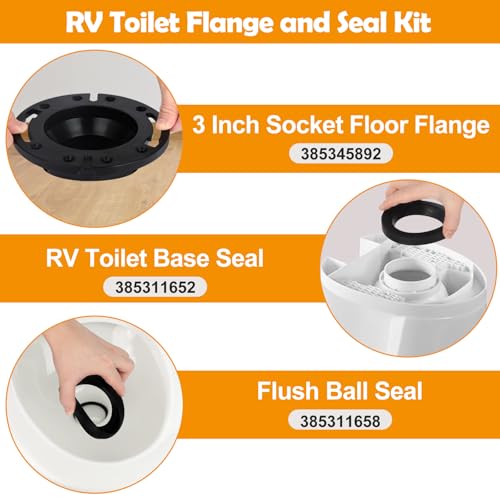 Image of Wayona RV Toilet Seal Kit and 3 Inch RV Toilet Flange for 300 310 320 RV Toilets, RV Toilet Replacement Parts for 385345892 RV Floor Flange, 385311658 Flush Seal and 385311652 Base Seal Black