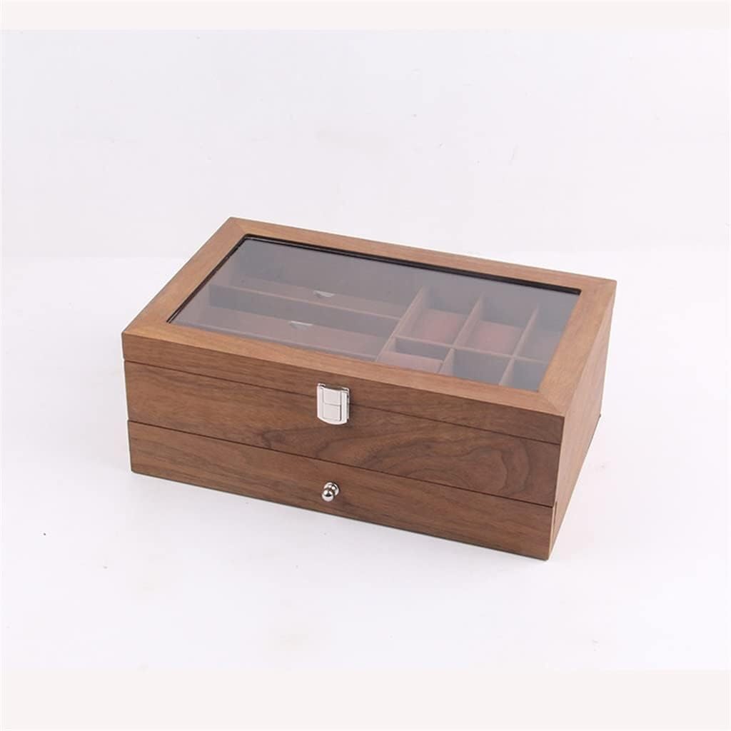 XBTGS Organizador de relojes de madera de 6 + 3 rejillas, cerradura de cristal, doble capa, retro, para gafas, joyero, caja de almacenamiento, ataúd