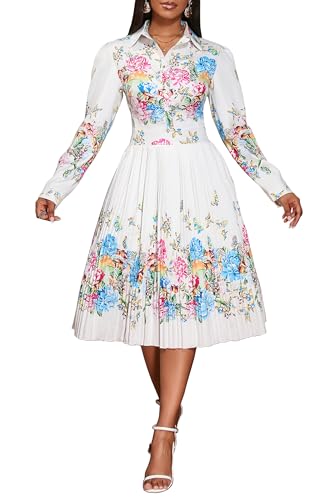 Image of VERWIN Lapel Three-Quarter Sleeve Knee Length Pleated Floral Women's Sheath Dress M White