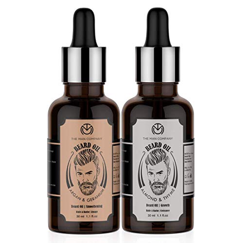 The Man Company Double Beard Care | Almond & Thyme Beard oil 30ml, Argan &Geranium Beard Oil 30ml | Promotes Beard Growth, Long & Manageable Beard
