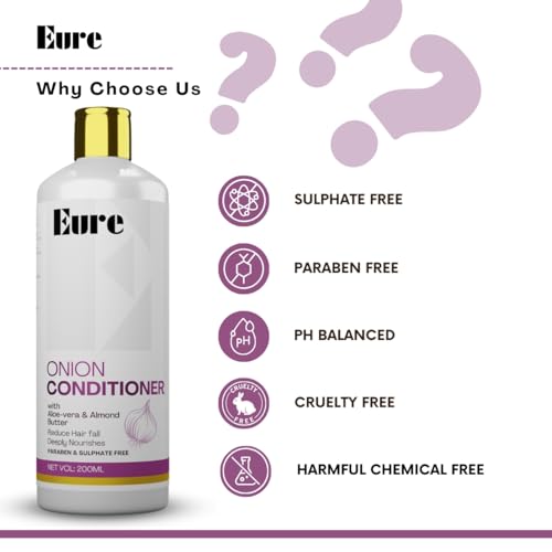 Image of Eure Onion Conditioner with Aloe-Vera & Almond Butter - Reduce Hair Fall, Optimal Hydration & Nourishment, Deep Cleansing, Scalp Health, Improved Texture, Reduce Dandruff, Natural and Herbal - 200ml