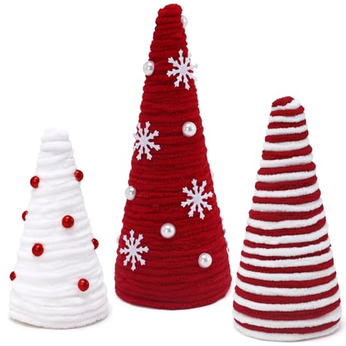 Huray Rayho 3 PCS Christmas Table Decorations Mini Christmas Trees Yarn Trees Red and White Farmhouse Decor for Indoor Room Kitchen Home Tiered Tray Decor
