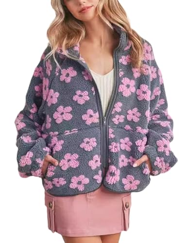 Yeokou Floral Jacket Women Winter Sherpa Fleece Coat Daisy