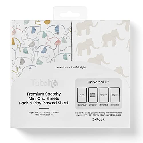 Image of TotAha Premium Stretchy Pack N Play Playard Sheets | Mini Crib Sheets (2-Pack) -Hypoallergenic, Silky Comfort, Buttery Soft, Calming Effect, All-Season Jersey-Knit (Watercolor & Colorful Elephant)