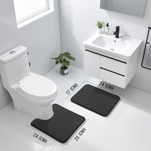 Image of Yimobra Memory Foam Bath Mat Set, 2 Pieces Soft Bathroom Rugs,43x61 cm and 61x51 cm U-Shaped for Bathroom Rugs, Toilet Mats, Water Absorption, Non Slip, Thick, Dry Fast for Bathroom Floor Mats, Black